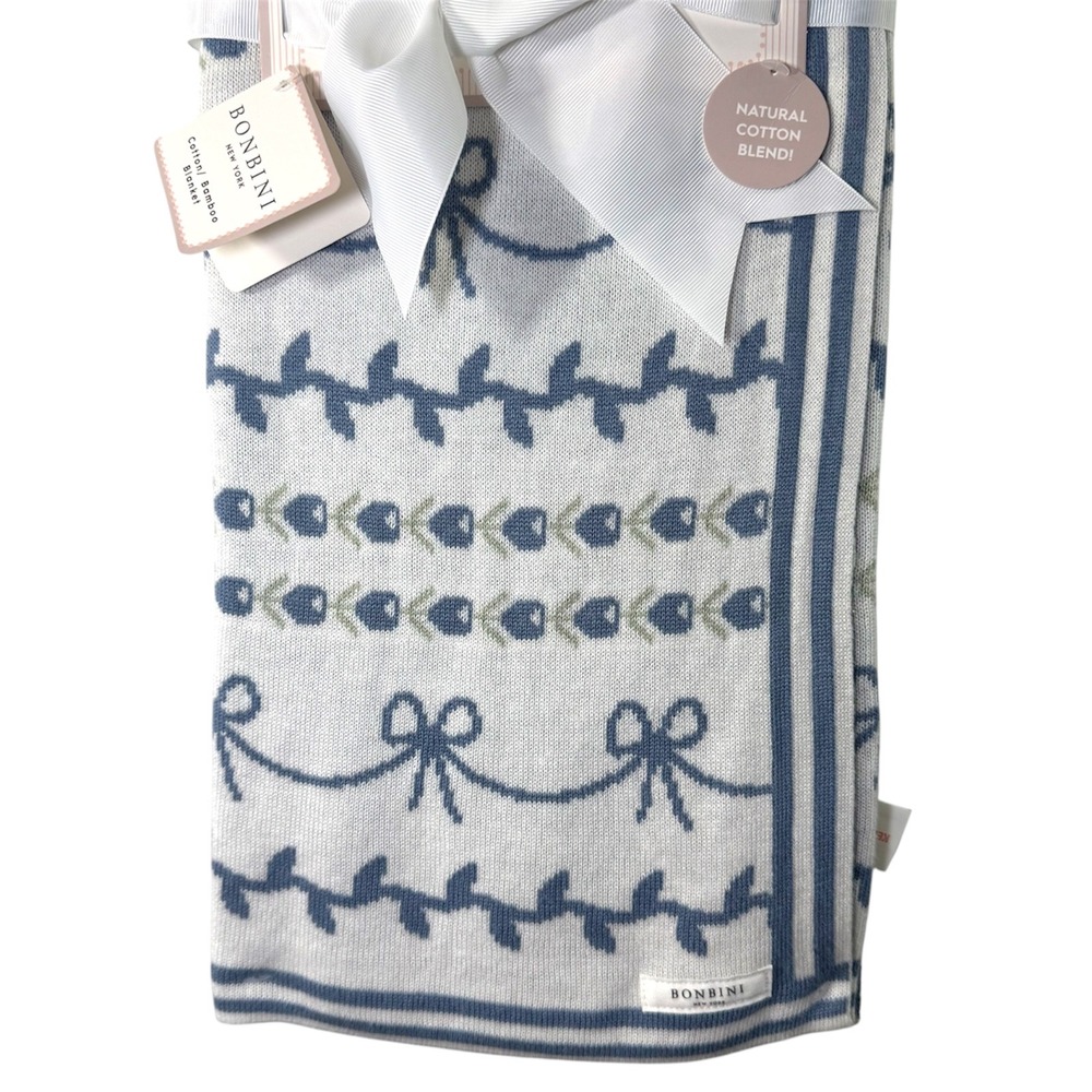 BONBINI New York Cotton Bamboo Baby Blanket‎ Blue Floral Bow Knit 0-6 Months